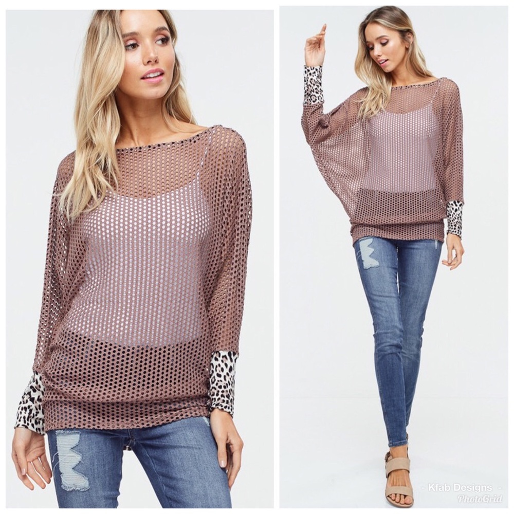 š„°Mocha Fishnet Boat Neck Top w/Cheetah Detail - Picture 5 of 6